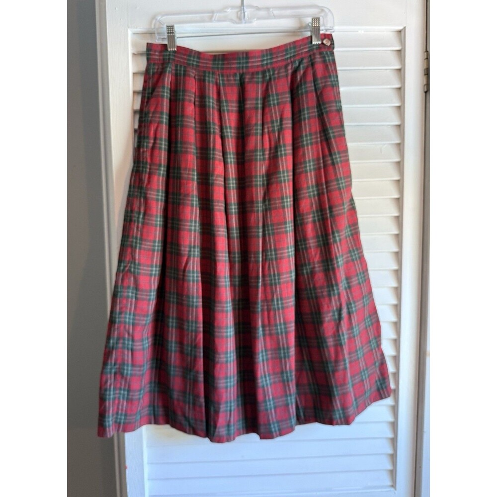 VTG L.L. Bean Tartan Plaid Midi Skirt 12 Cotton Pleated Preppy 80’s Christmas